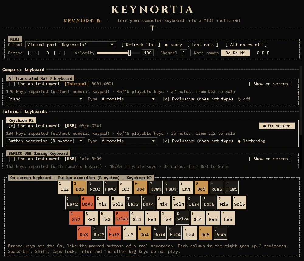 Keynortia with the button accordion layout, B system: sharps in dark keys, the Cs in bronze