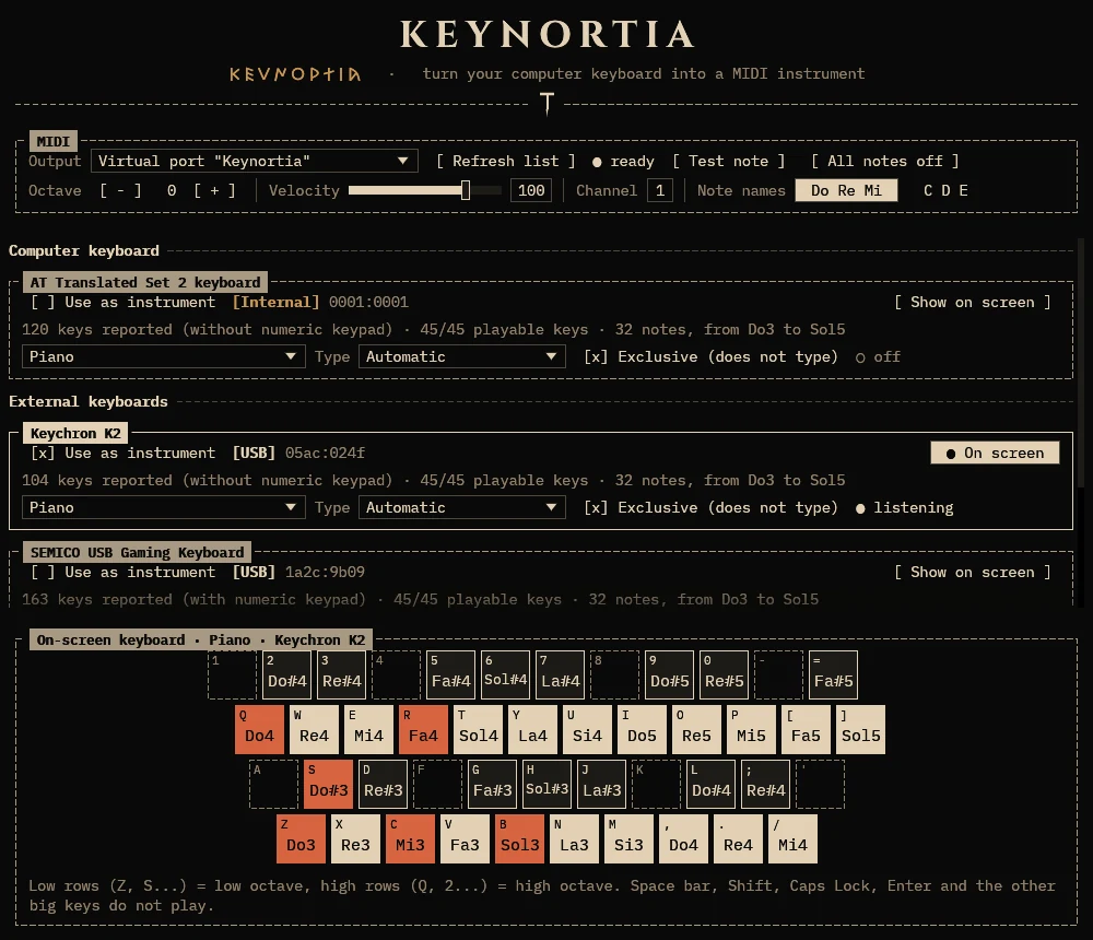 Keynortia with the piano layout: an external keyboard is listening and its pressed keys are lit on the on-screen keyboard
